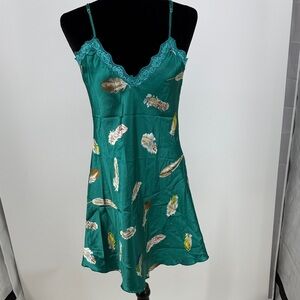 Satin Teal Feather Print Nightgown with lace trim size medium